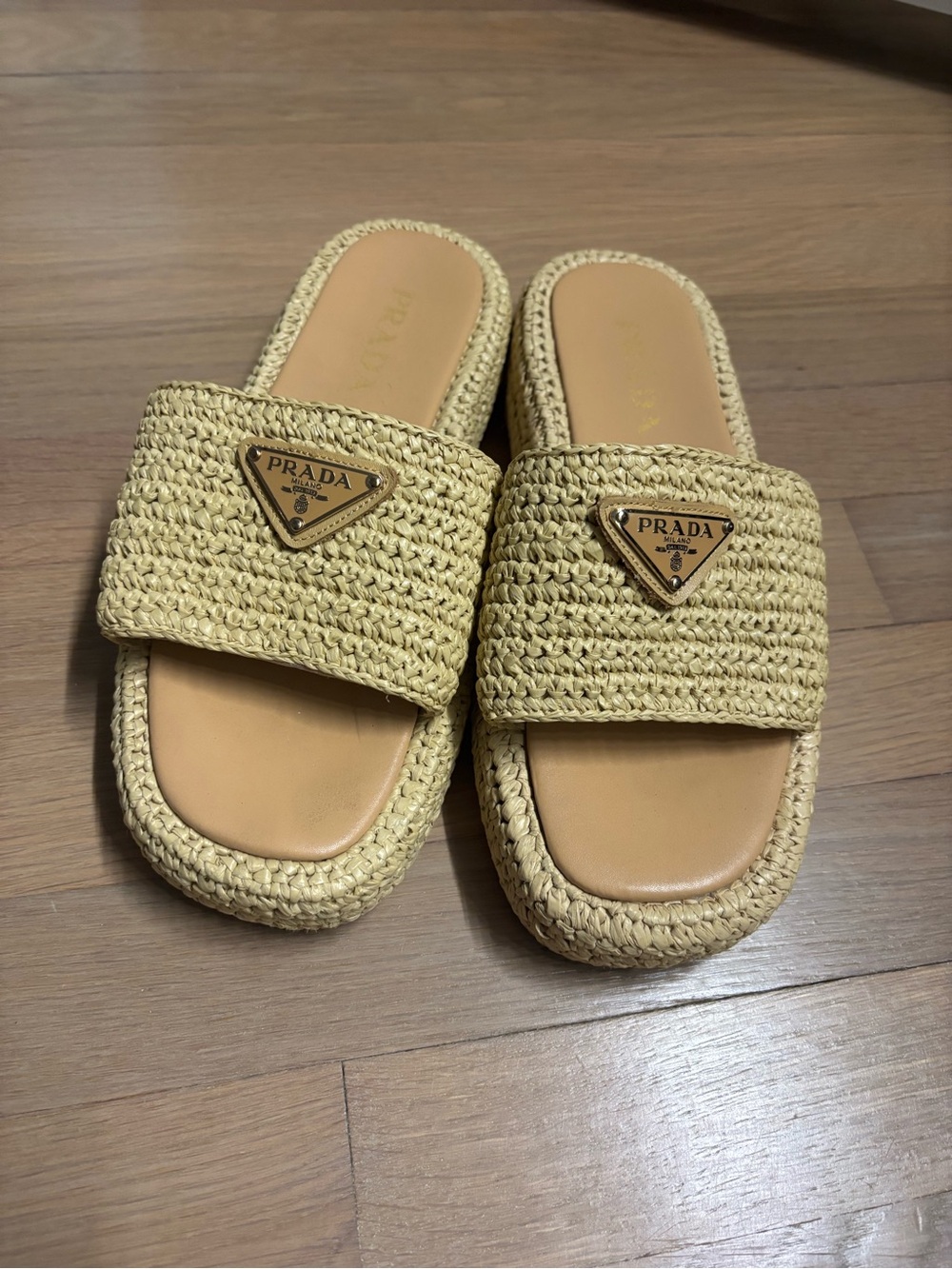 Prada Beige Woven Raffia Slide Sandals
